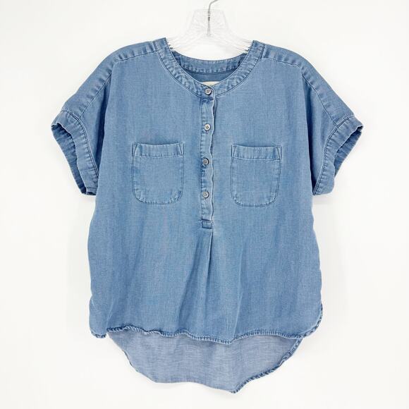 Loft Short Sleeve Henley Chambray Top Size Small Petite - Picture 1 of 6
